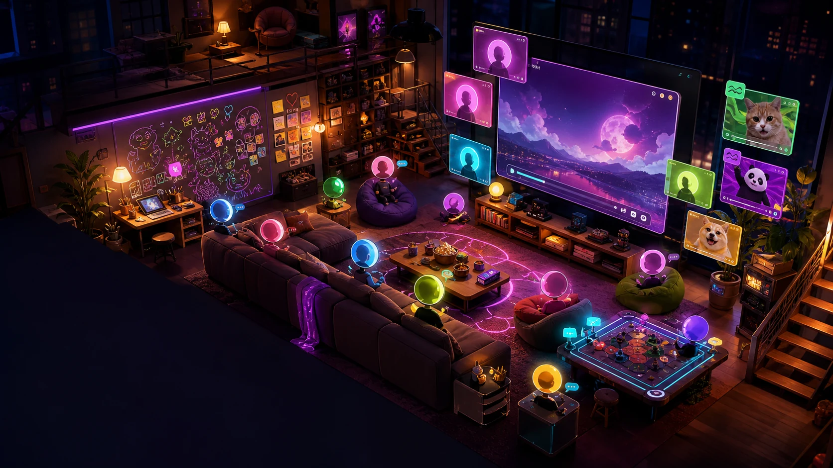 Loft virtual do PurgasQuarto com sofá, chamada, telão, desenhos e amigos reunidos
