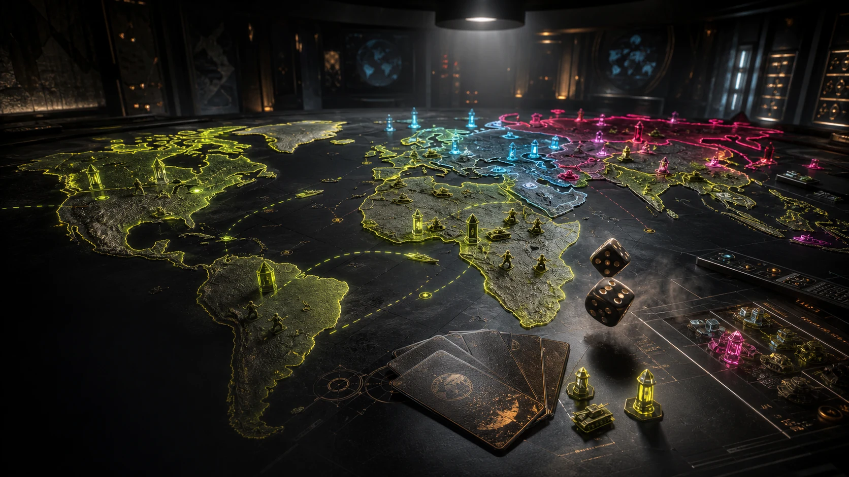 Mesa de comando do PurgasWar com mapa-múndi em relevo, tropas, rotas e dados